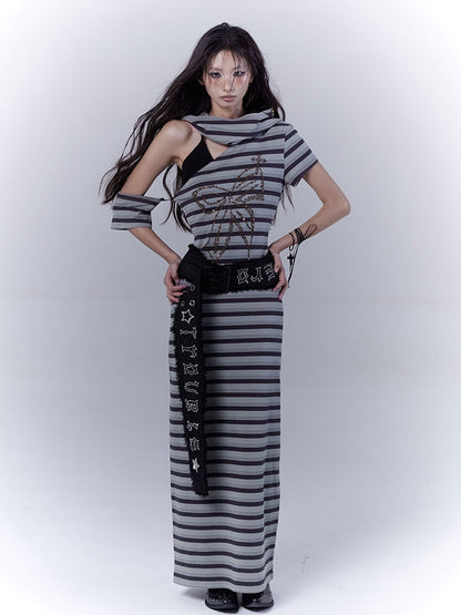 Gray and Green Cutout Shoulder Wasteland Punk Hooded Striped Dress with Buckle Belt