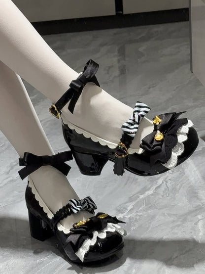 Black Spoon Decorated Bowknot Details Sweet Lolita High Block Heels