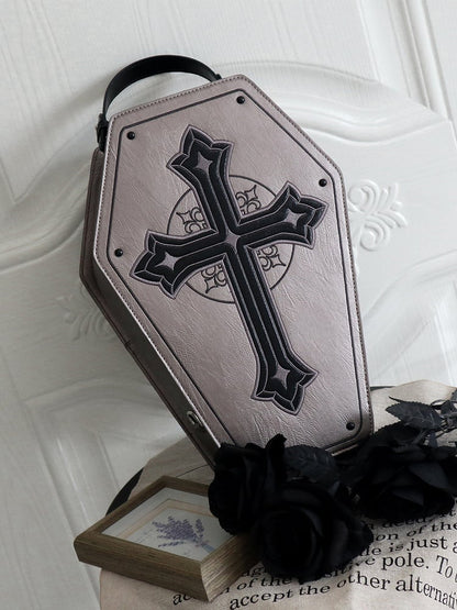Gray Cross Decorated Coffin-Shaped 1/6 Scale BJD Doll Bag with Two Straps