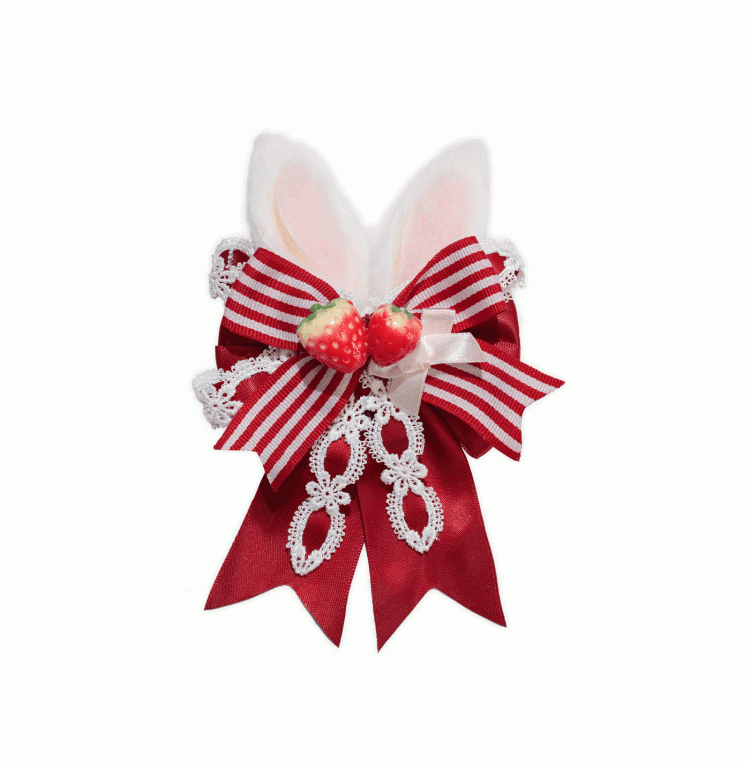 Red Bowknot and Strawberry Accents Bunny Ears Hairclip