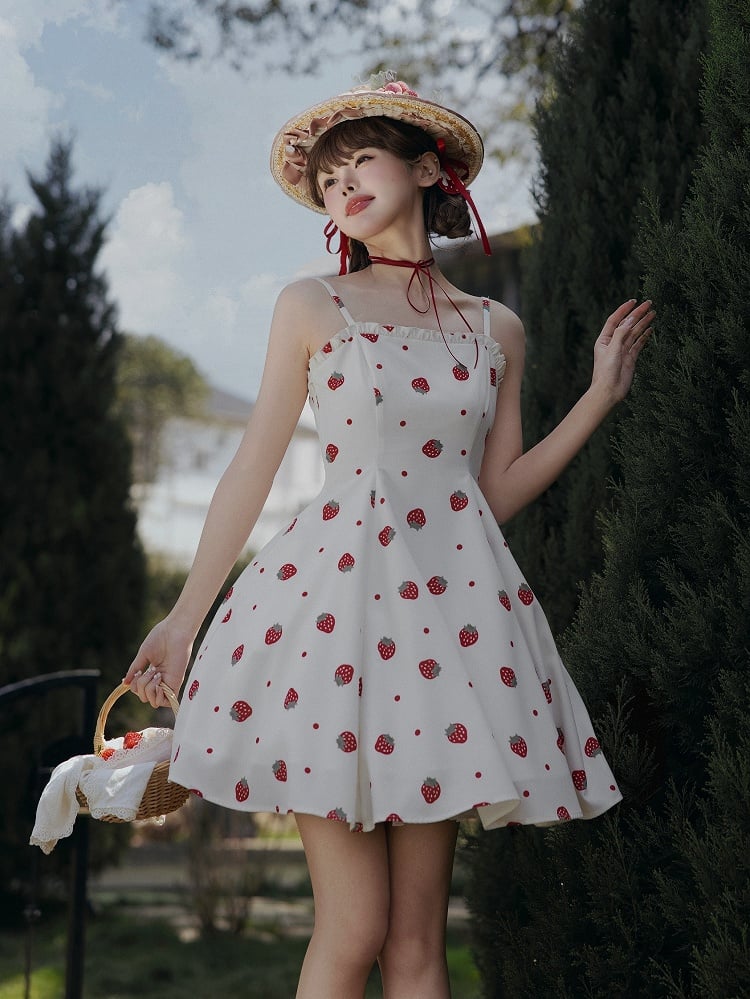 Summer Strawberry and Polka Dots Print Sun Dress White Sweet Lolita JSK