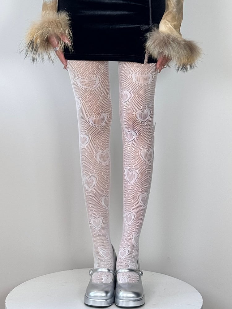 Black/White Y2K Polka-dot Pattern Heart Details Tights