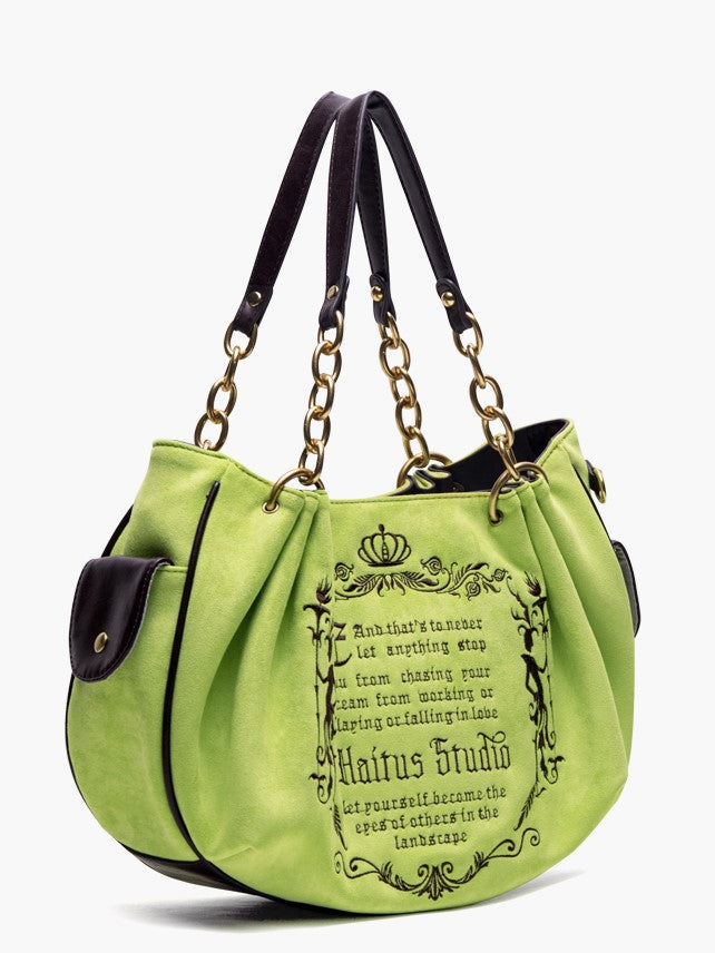 Vintage Green Gothic Lettering Embroidered Tote Bag with Chain Strap