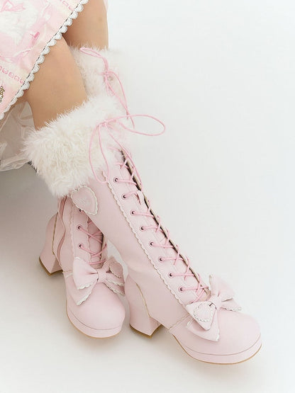 PU Pink Sweet Lolita Knee-High Boots - Plush Cuff with Bow Accents, Pompom Charm & Dual Closure