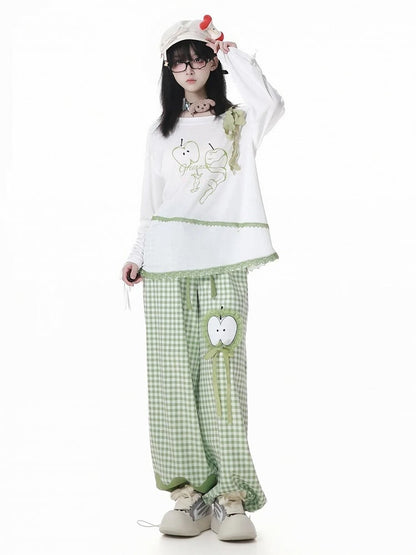 Green Plaid Pattern Apple Embroidery Drawstring Cuffs Casual Pants with Self-tie Belt