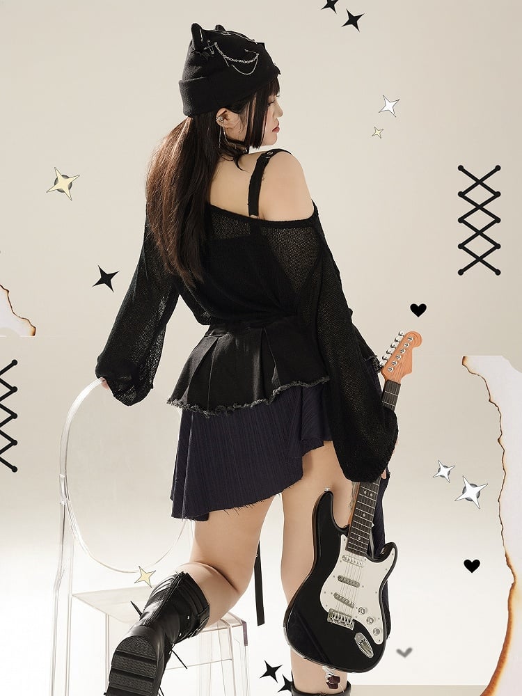 Plus Size PU Straps Decorated Y2K Black Asymmetrical Tiered Skirt