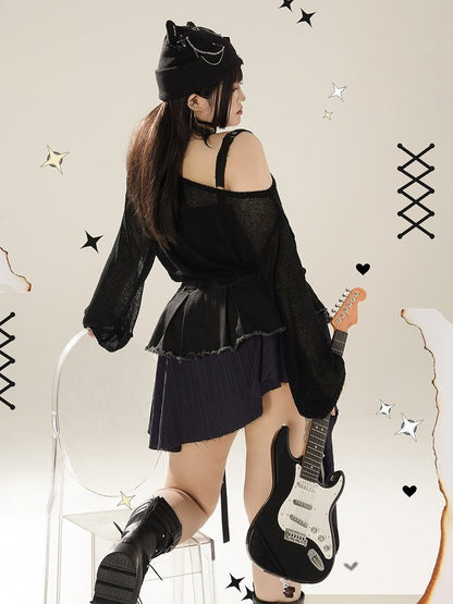 Plus Size PU Straps Decorated Y2K Black Asymmetrical Tiered Skirt