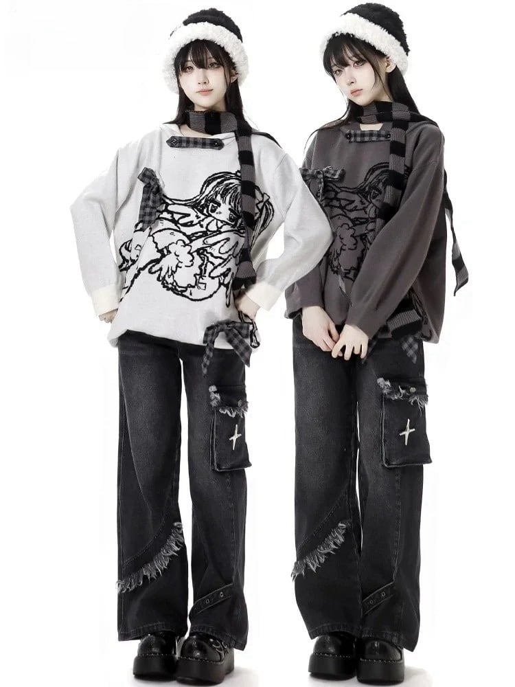 Dark Grey Raw Hem Straight-leg Cut Jeans