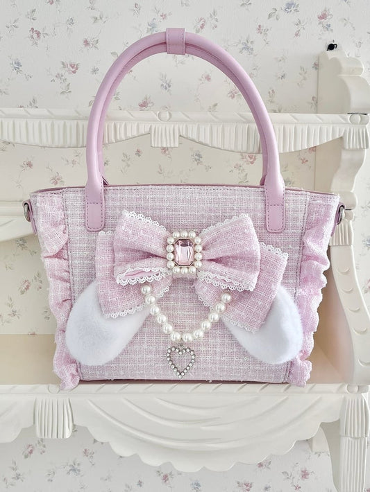 Pink Elegant Lolita Shoulder/Crossbody/Handbag - Plush Bunny Ear Bow, Rhinestone Heart & Beaded Chain Charm