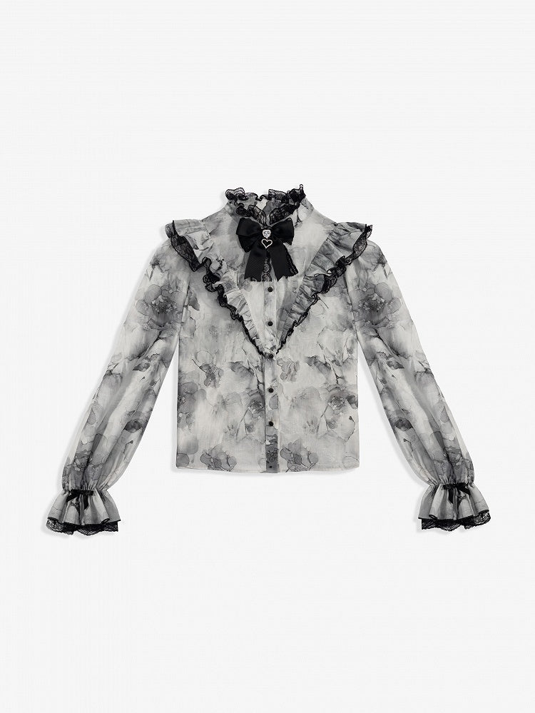 Elegant Gray Floral Jirai Kei Blouse