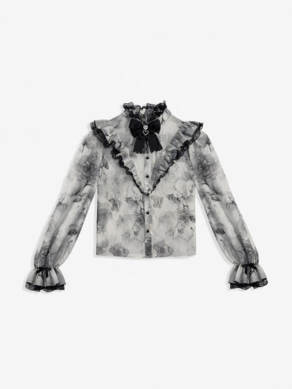 Elegant Gray Floral Jirai Kei Blouse