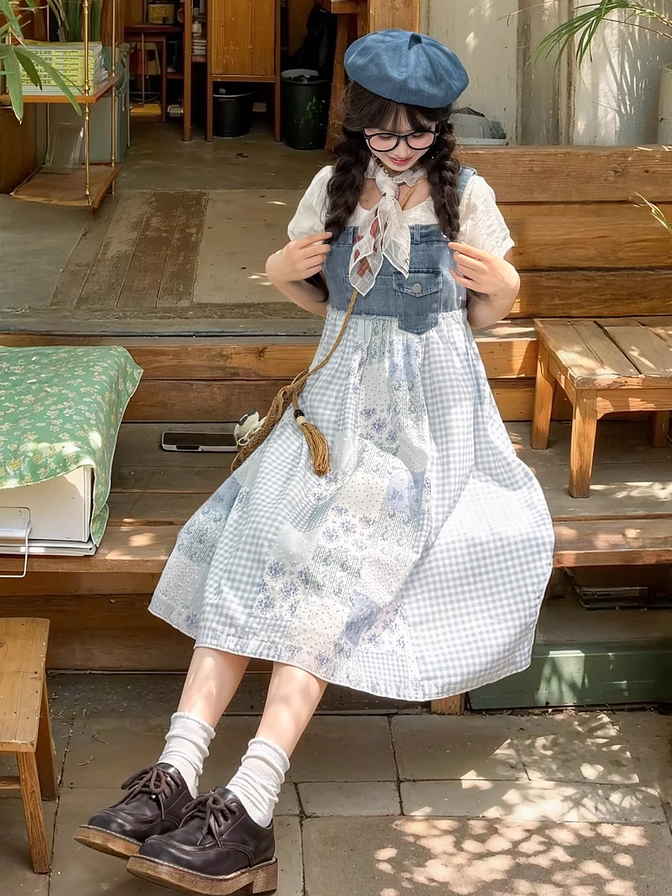 Blue Plaid and Floral Patchwork Design Mori Kei Denim Overall Dress
