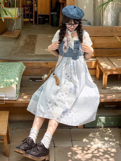 Blue Plaid and Floral Patchwork Design Mori Kei Denim Overall Dress