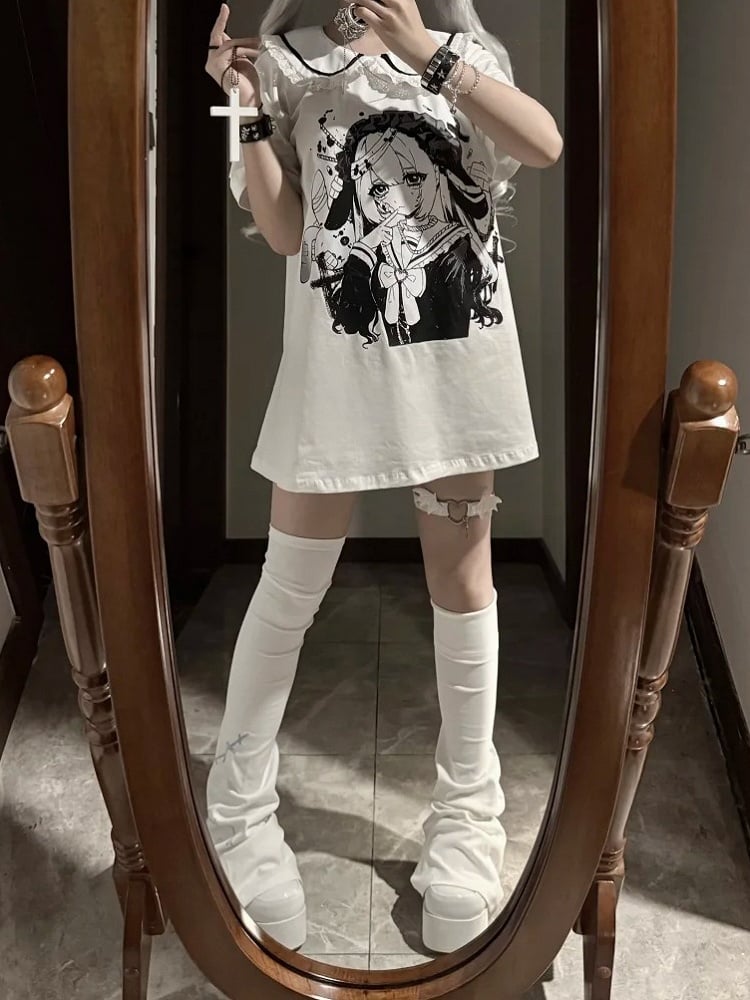 Anime Girl Print Peter Pan Collar White Jirai Kei T-shirt