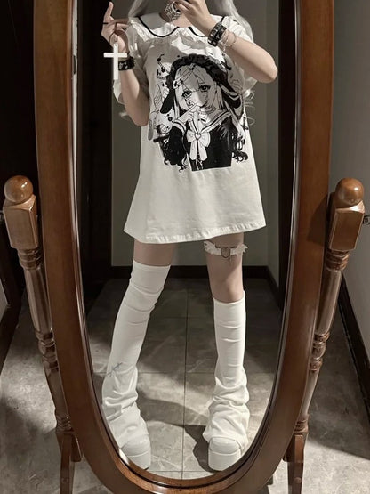 Anime Girl Print Peter Pan Collar White Jirai Kei T-shirt