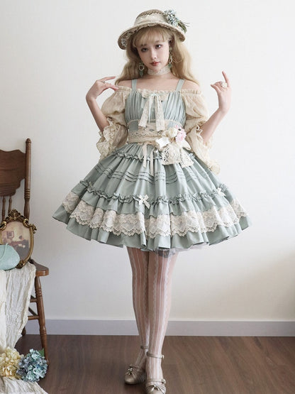 Light Green Pleated and Ruffle Trim Skirt Summer Lolita Jumper Skirt