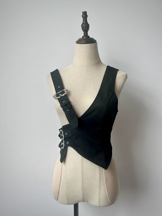 Black Asymmetrical Design Ouji Fashion Gothic Waistcoat