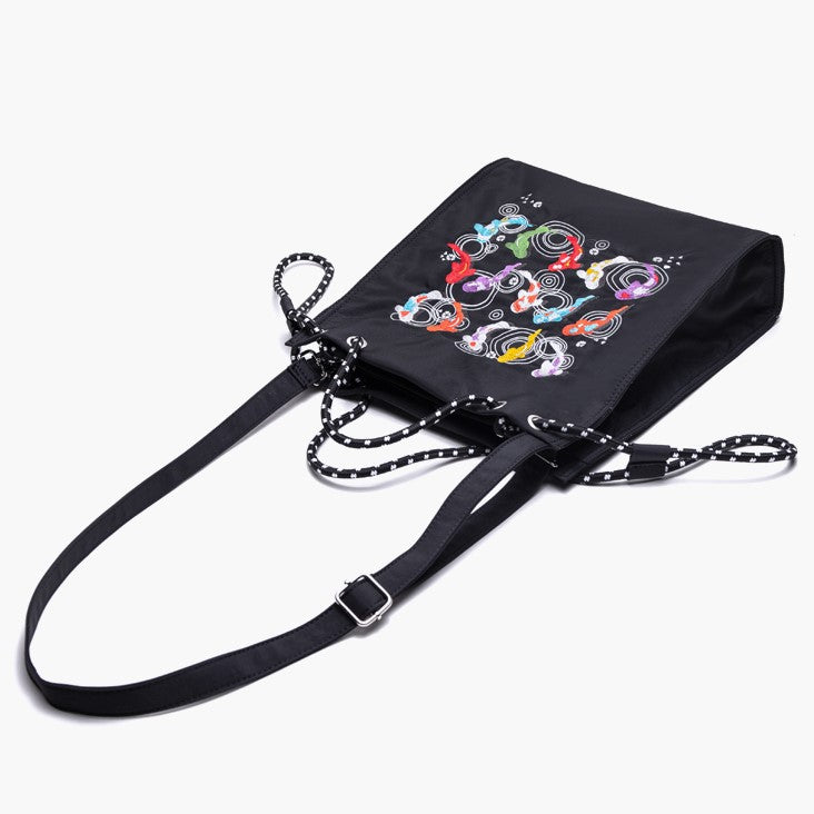 Trendy Black Lucky Koi Embroidery Tote Bag With Zipper Closure And Drawstring Strap