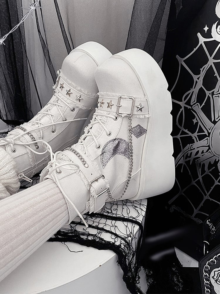 White Moon Applique Buckle Ankle Strap Platform Boots