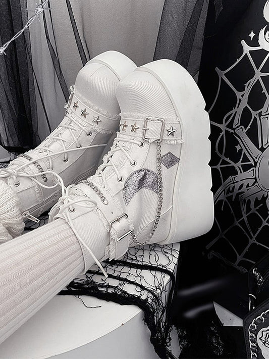 White Moon Applique Buckle Ankle Strap Platform Boots