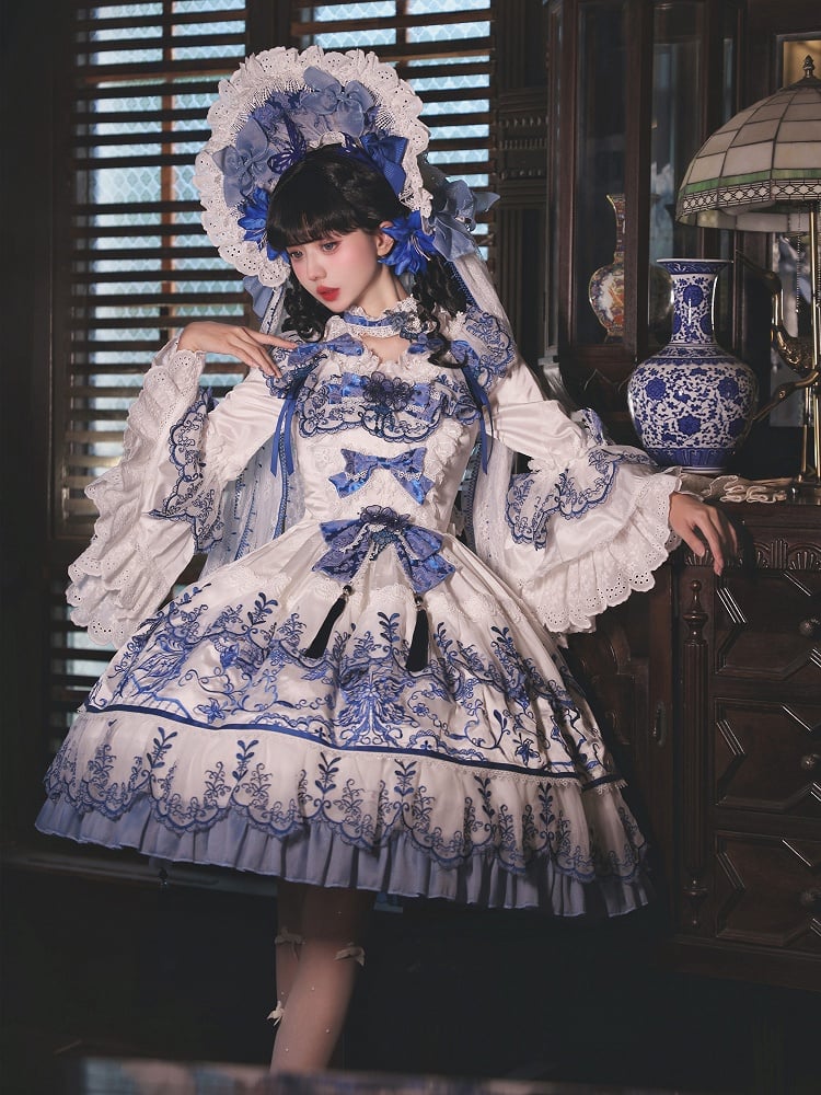 Butterfly Fabric Blue and White Porcelain Embroidery Chinoiserie Style Lolita Dress Short Version