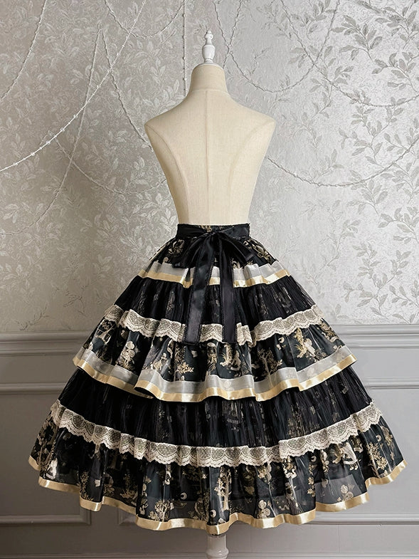 Black and Gold Bunny and Kitty Print Lolita Tiered Ruffle Skirt