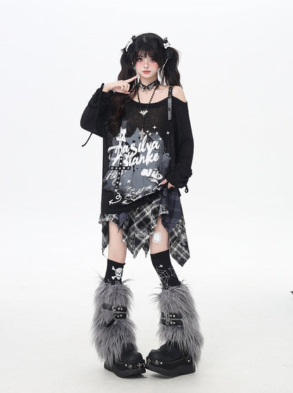 Asymmetrical Neckline Graffiti Print Star Buckles Light Gray/Black Coverup