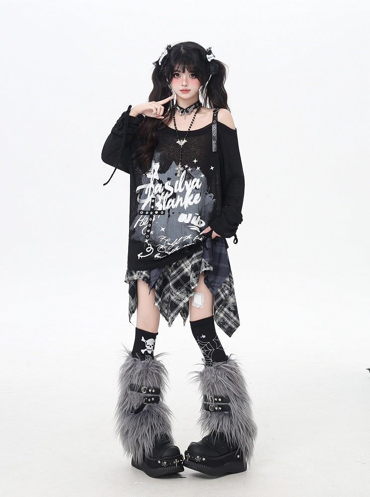 Asymmetrical Neckline Graffiti Print Star Buckles Light Gray/Black Coverup