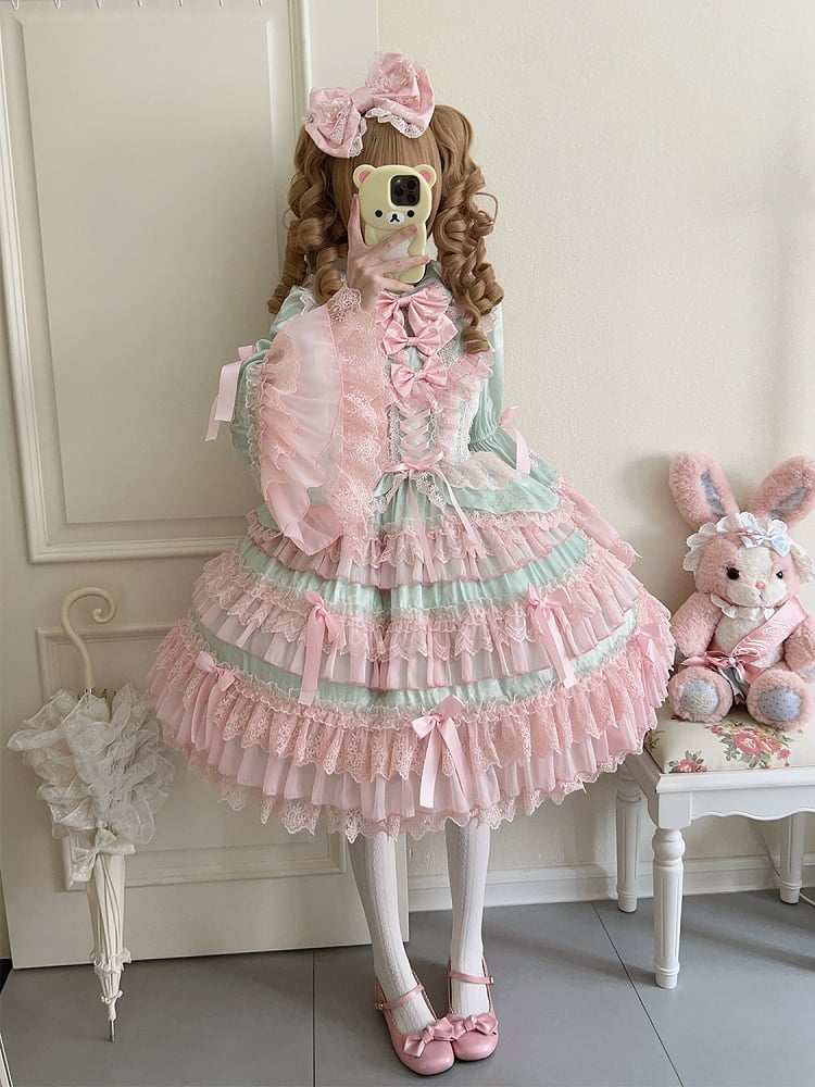 Green and Pink Tiered Ruffle Skirt Bows Decorated Long Bell Sleeves Lolita Dress