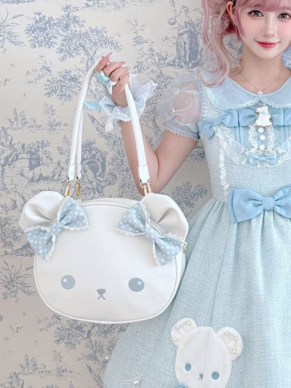 Blue&White Polka-dot Pattern Bowknot Details Bear Tote Bag