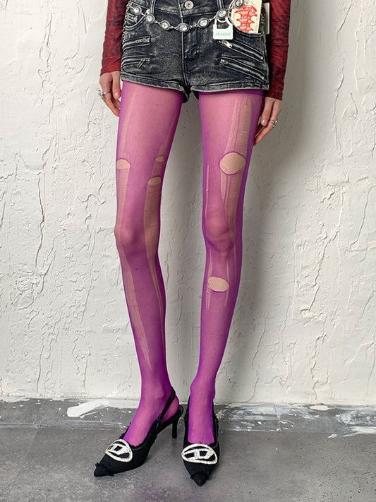 Purple/Black/White/Grey Cut-out Design Tights