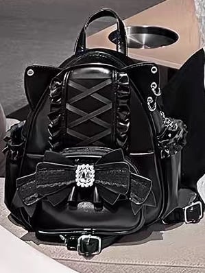 Jirai Kei Black Cat Ear Backpack With Beaded and Rhinestone Bow