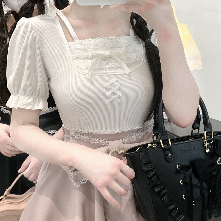 Jirai Kei Pink/White/Black Lace Trim Bowknot Details Puff Sleeves Blouse