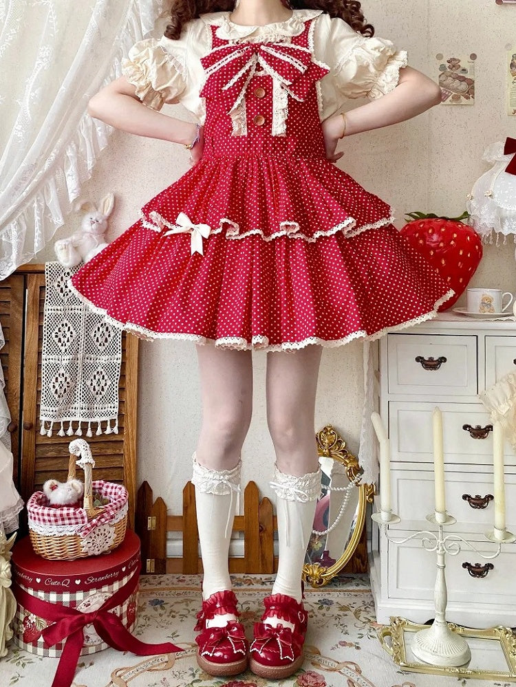 Red Polka-dot Pattern Old School Lolita Overall Dress