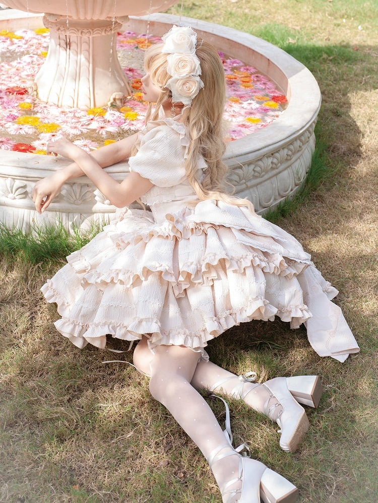 Champagne Princess Corset Waist Dress Ruffle Skirt Lolita OP with Big Bow at Back