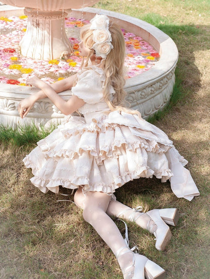 Champagne Princess Corset Waist Dress Ruffle Skirt Lolita OP with Big Bow at Back