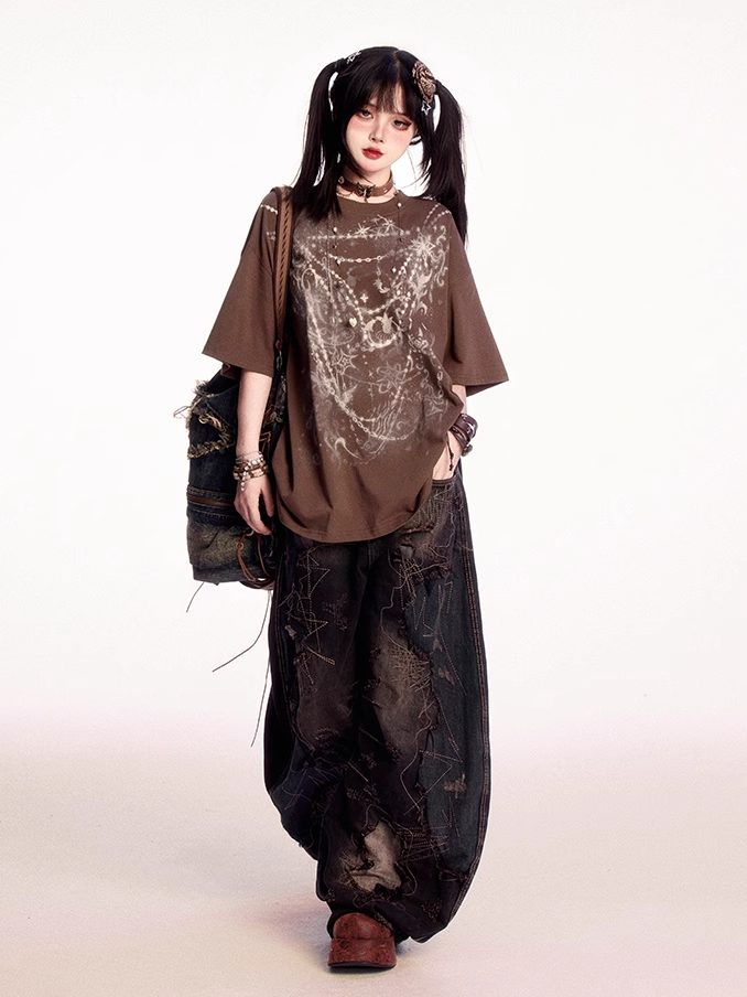 Wasteland Punk Brown Round Neck Graphic T-shirt