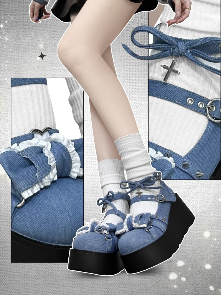Spike Studs Bow Accents Blue Cross Gothic Platforms Punk Shoes