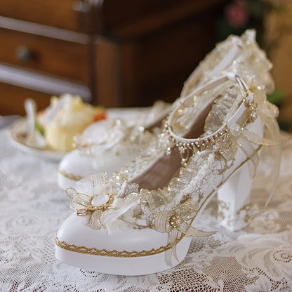 White & Gold Floral Design Crystal Embellished Hime Lolita High Block Heels
