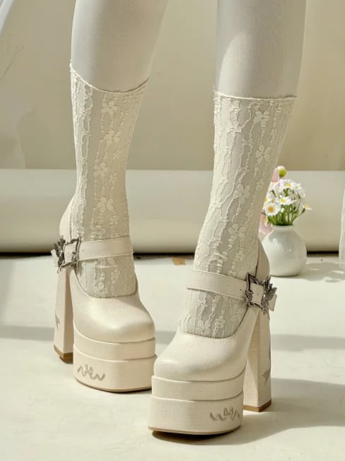 Bowknot Embroidery Butterfly-shaped Buckle Beige Platform Mary Janes High Block Heels