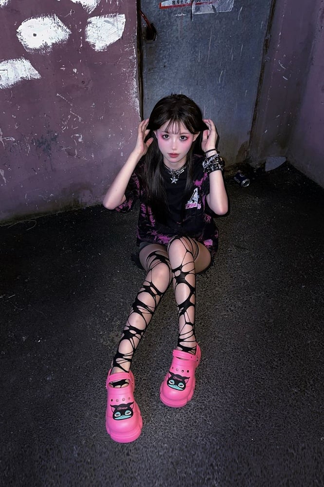 Black Cat Rose Pink Gothic Crocs Hollow Out Vented Clogs