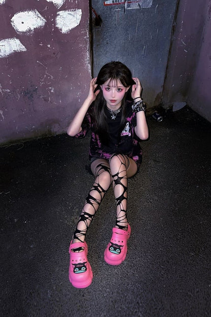 Black Cat Rose Pink Gothic Crocs Hollow Out Vented Clogs