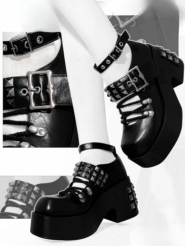 Black Punk Studs Details Crisscross Design Platform High Block Heels