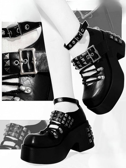 Black Punk Studs Details Crisscross Design Platform High Block Heels