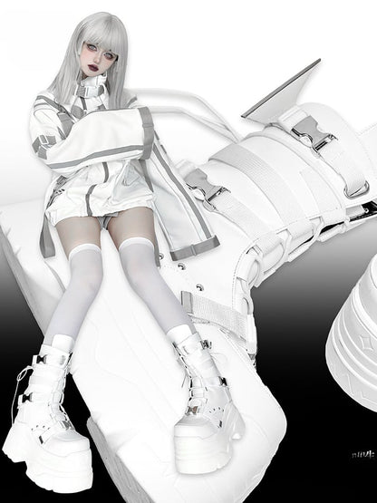 Matte White Punk Stud Bandage Design Lace-up Details Platform Boots