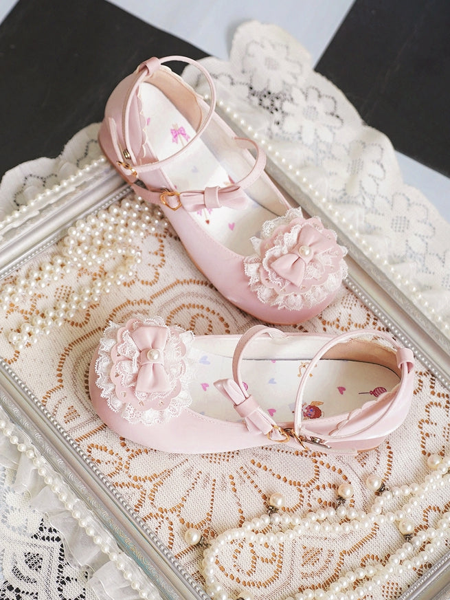 Baby Pink Bow at Top Lace Trim Heart Buckles Round Toe Lolita Shoes
