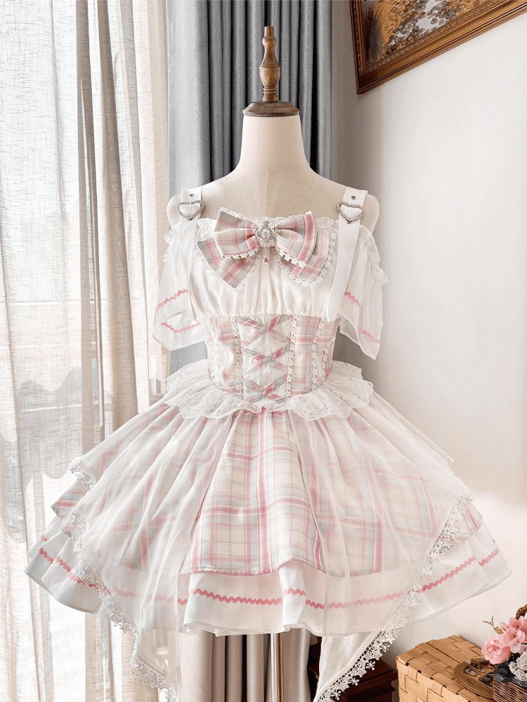 Pink Plaid Off-the-shoulder Neckline Sweet Idol Lolita Jumper Skirt with Free Bowtie