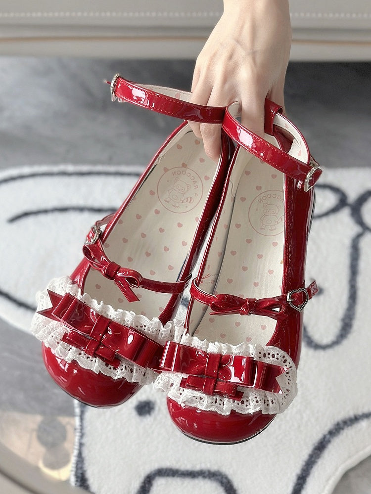 Sweet Red Lolita Low Heels - PU Leather with Delicate Ruffled Lace & Heart Fastener