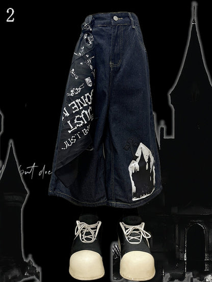 Dark Blue Y2K Cross Applique Distressed Holes Design Wide-Leg Cargo Shorts