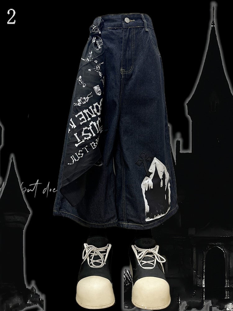 Dark Blue Y2K Cross Applique Distressed Holes Design Wide-Leg Cargo Shorts